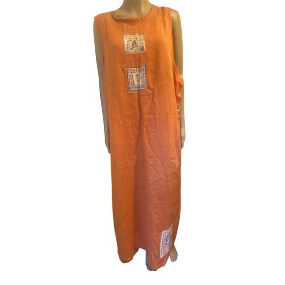 VTG Onque Casuals Woman M Linen FullLength Dress Patchwork Embroidered Largelook - Picture 1 of 9